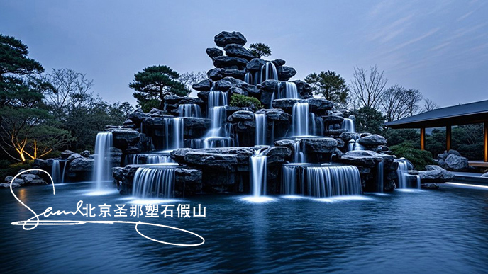 jimeng-2025-06-08-901-這是一處富有特色的天然千層石的假山，石頭是和太湖石一樣有自然橫向紋理，是用真正的天然假山石頭制作，能有明顯的凸凹。水流從上層緩緩流下，落入下層的石池中。背景....jpeg