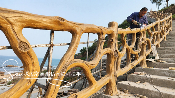 jimeng-2025-06-25-1413-正在施工制作的旅游區樓梯室外安全圍欄設計制作過程，美工正在施工制作，先用鋼筋焊接....jpeg